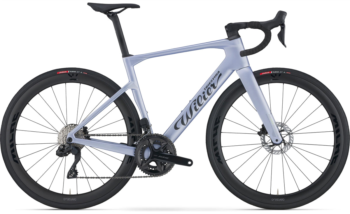 Wilier Rapida in G47 Dusk Grey with a manufacturer illustration of a Di2 carbon-wheel build
